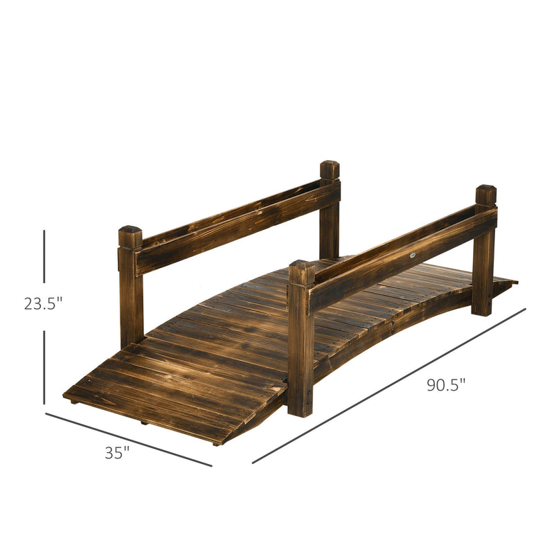 7.5' Wooden Garden Bridge with Planters, Stained Finish Arc Footbridge with Safety Railings for Backyard, Pond Stream, Stained Wood