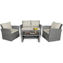 4 Pieces Patio Rattan Furniture Set Sofa Table with Storage Shelf Cushion by LJGDeals