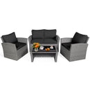 4 Pieces Patio Rattan Furniture Set Sofa Table with Storage Shelf Cushion-Black