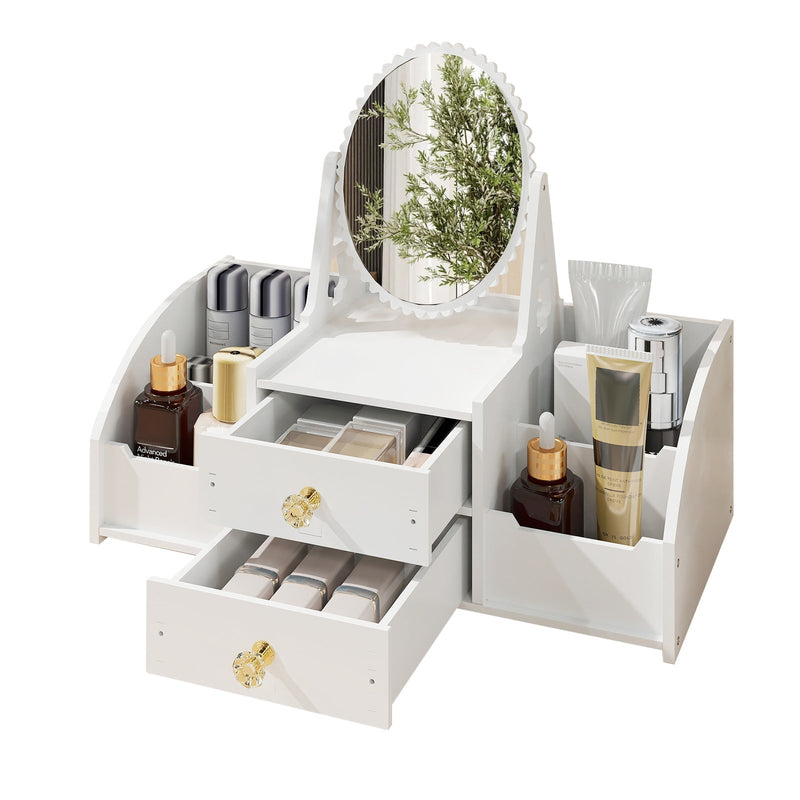 Cosmetics Storage for Vanity with Rotating Mirror, 2 Drawers and 4 Compartments Makeup Storage