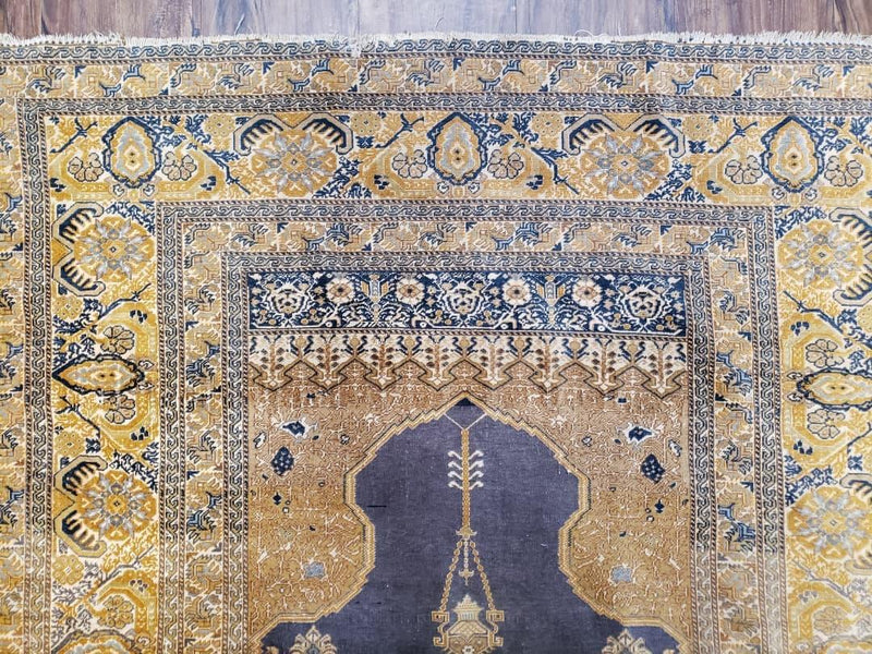 Rare Turkish Ghiordes Prayer Rug 4 x 5.8 ft, Late 19th Century Turkish Oriental Carpet, Mehrab Antique Prayer Rug, Museum Quality, Blue, Tan
