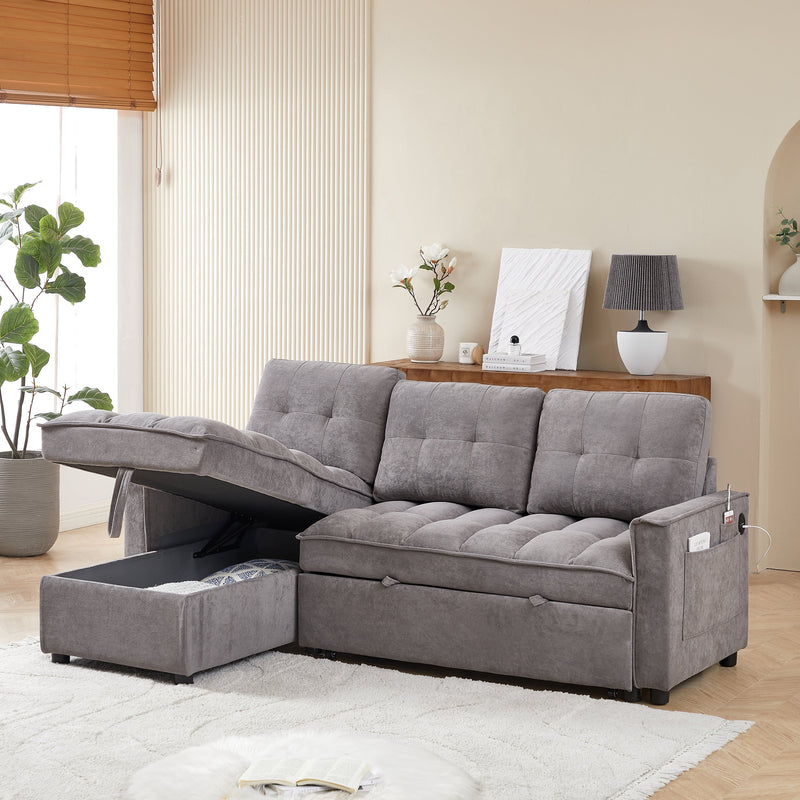 78.75" Reclining Sofa, Pull-Out Sofa Bed with USB and tape-c charging ports, L-Shaped Sectional Sofa with Reclining Storage and Arm Side Organizer Pocket Features, Living Room Comfort Sofa