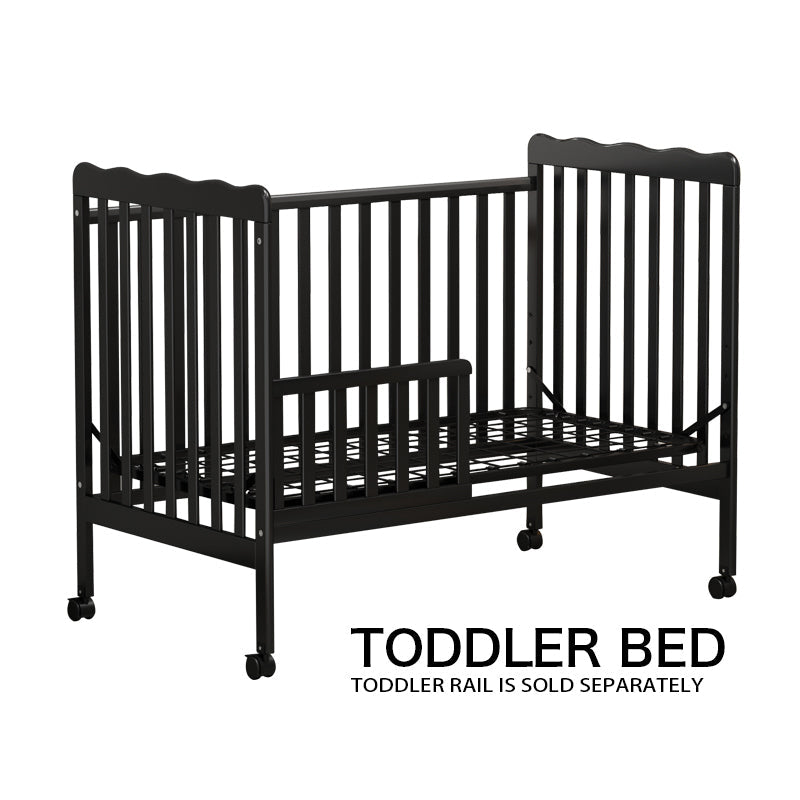 3-In-1 Convertible Crib In Storm BLACK, Made Of Sustainable Pinewood, Non-Toxic Finish, Comes With Locking Wheels, Wooden Nursery Furniture