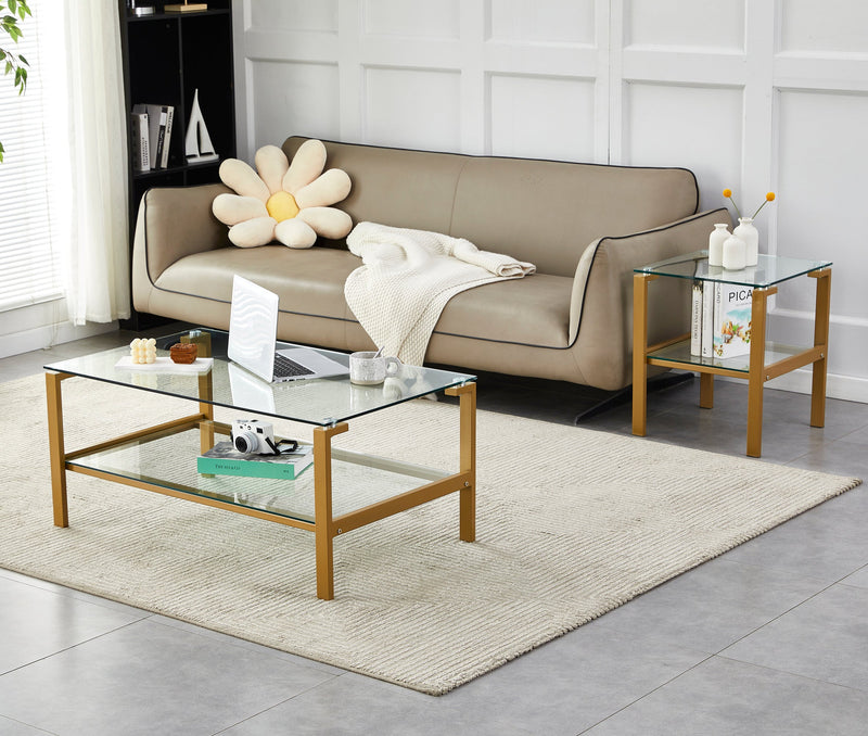 2-Piece Gold+Clear Glass Side & End Table with Storage Shelve, Night Stand/Sofa Table Bedroom Corner Table