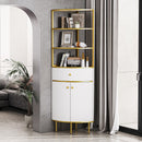 74.8" Tall Modern Corner Bookshelf,Fan-Shaped bookcase with 1 Drawer and 2 Doors, Wooden Standing Corner Shelf with Gold Metal Frame for Living Room,Home Office,White