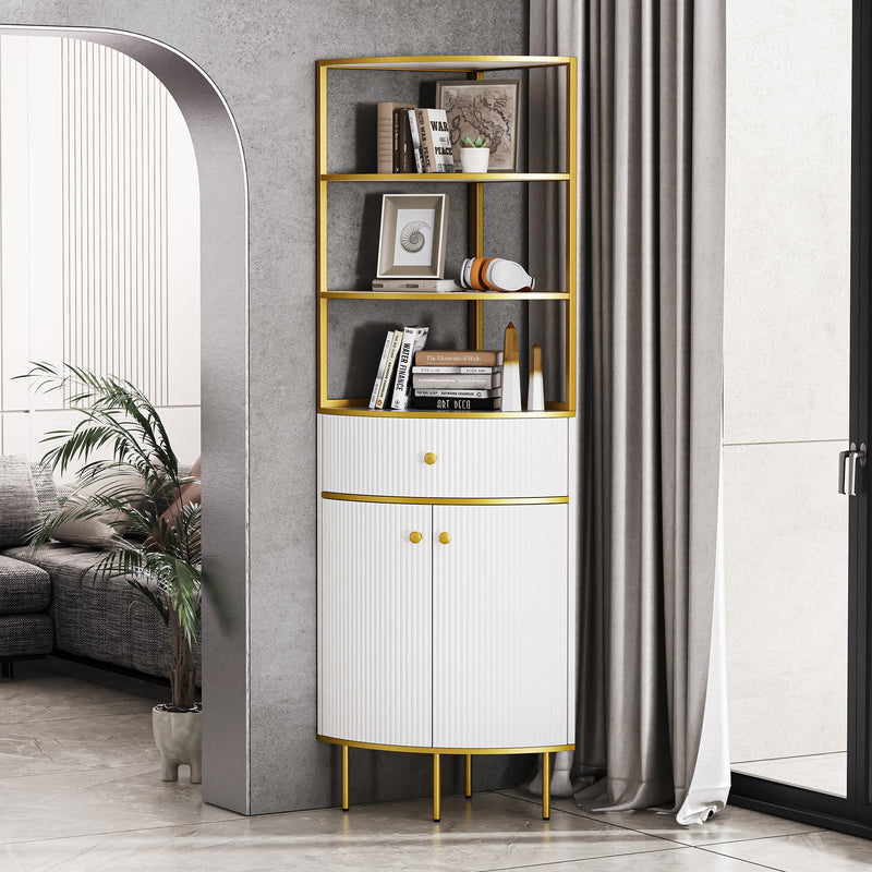 74.8" Tall Modern Corner Bookshelf,Fan-Shaped bookcase with 1 Drawer and 2 Doors, Wooden Standing Corner Shelf with Gold Metal Frame for Living Room,Home Office,White