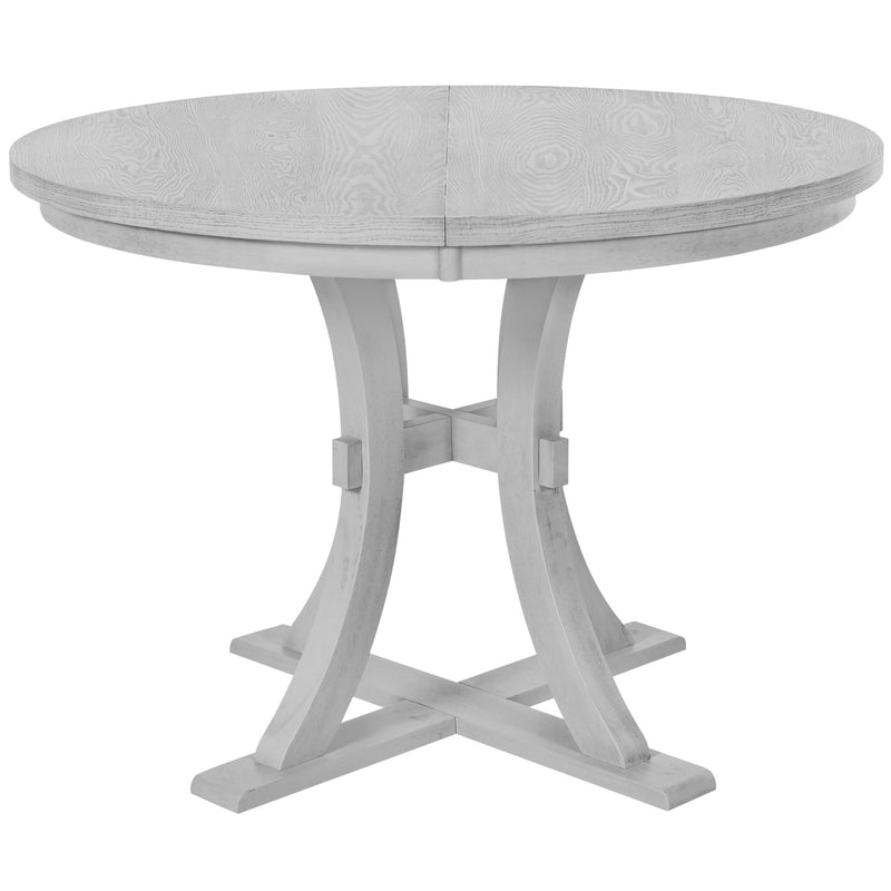 5-Piece Rustic Round Pedestal Extendable Dining Table Set with 15.7" Removable Leaf and Simple Dining Chirs for Small Places, Gray