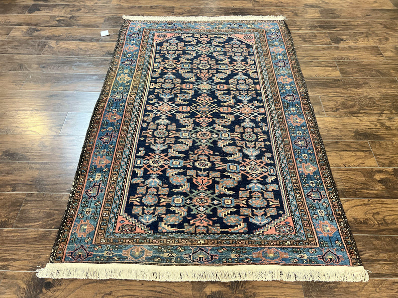 Antique Persian Tribal Rug 5x7, Navy Blue & Pink, Hand Knotted Handmade 1920s Wool Rug, Allover Pattern, Persian Hamadan Rug