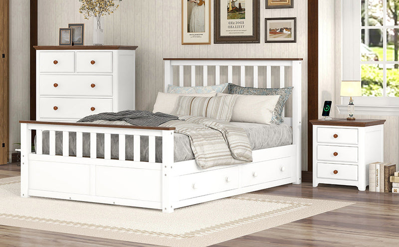 3-Pieces Bedroom Sets Full Size Platform Bed with Nightstand(USB Charging Ports) and Storage Chest,White+Walnut