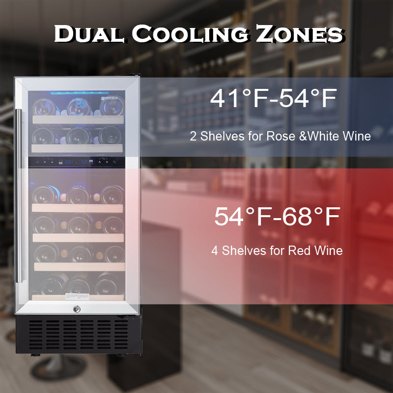 15 Inch Wine Cooler Refrigerators 28 Bottle Fast Cooling Low Noise Wine Fridge with Professional Compressor Stainless Steel, Digital Temperature Control Screen Built-in or Freestanding