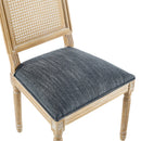 Elegant French Country Dining Chairs Set of 6 with Cane Backrest & Upholstered Seats in Blue Gray Solid Rubberwood Frame