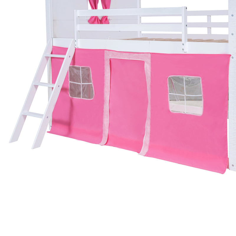 Full Size Bunk Wood House Bed with Elegant Windows, Sills and Tent, Pink+White