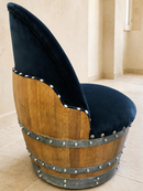 Whiskey & Wine Barrel Reading Chair — Hidden Storage, Blue Velvet Upholstery