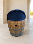 Whiskey & Wine Barrel Lounge Chair — Hidden Storage, Memory Foam, Blue Denim Upholstery (Limited)
