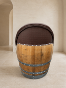 Whiskey & Wine Barrel Lounge Chair — Hidden Storage, Memory Foam, Checkered Brown Upholstery (Limited)