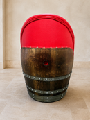 Whiskey & Wine Barrel Lounge Chair — Hidden Storage, Memory Foam, Red Upholstery (Limited)