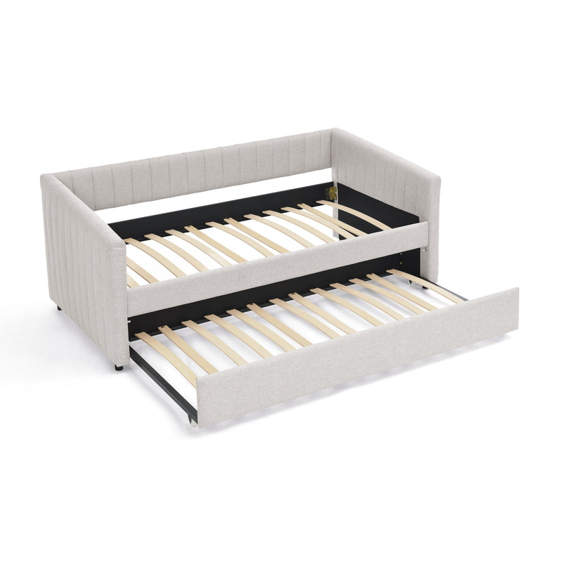 Twin Size Daybed with Trundle Upholstered Sofa Bed, with Vertical Stripes, Linen Fabric, Beige  (82.5'x43'x30')