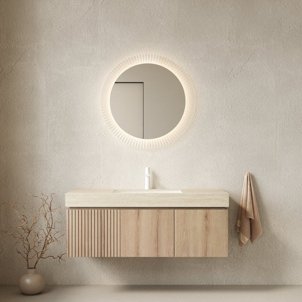 48-Inch Floating Bathroom Vanity with Sintered Stone Top & Ceramic Basin - Beige/White Oak or Beige/Brown Oak