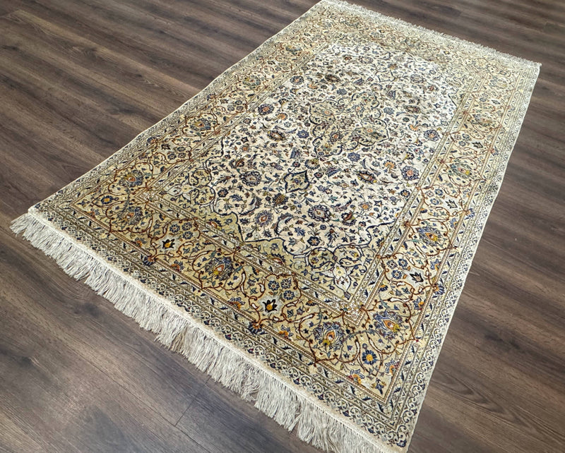 Rare Silk Persian Kashan Rug 4.6 x 7, Antique Fine 310 KPSI, Ivory