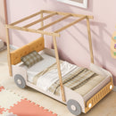 Twin Size Car Bed With Pillow, Ceiling Cloth And LED - Natural
