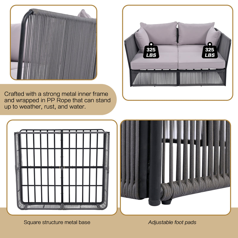 2-Piece Outdoor Sunbed and Coffee Table Set, Patio Double Chaise Lounger Loveseat Daybed with Clear Tempered Glass Table for the patio, poolside (Grey Cushion + Dark Grey Rope)