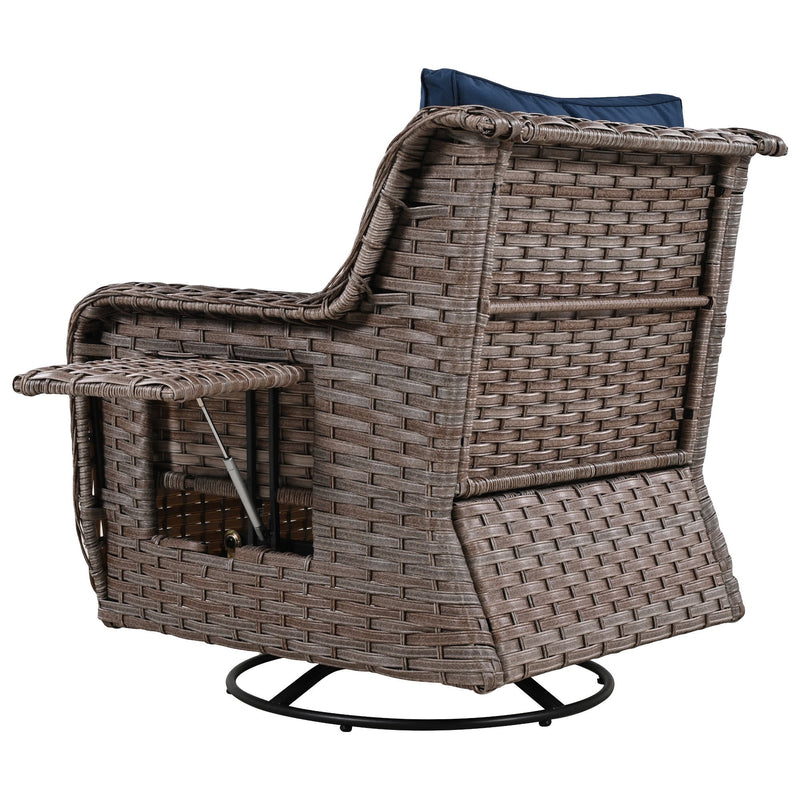 5 Pieces Outdoor Patio Furniture Set with Pet House Cool Bar and Retractable Side Tray, Rattan Wicker Patio Swivel Rocking Chairs Set of 2 with Ottomans for Backyard, Porch, Balcony, Navy Blue