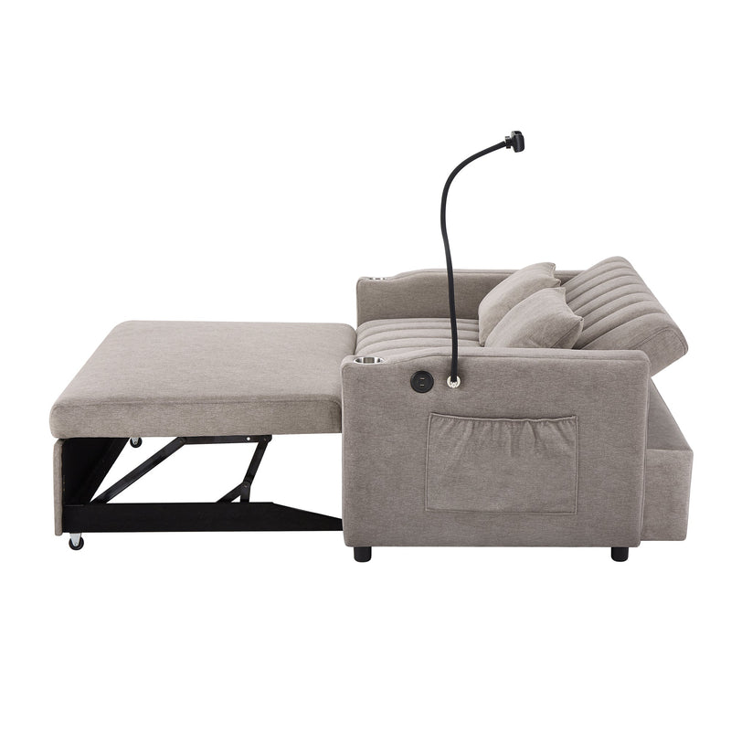 55.9" Convertible Sofa Bed Loveseat Sofa with Three USB Ports, Two Side Pockets, Two Cup Holders and 360Swivel Phone Holder for Living Room, Light Grey