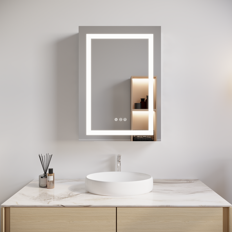 26x20 inch Bathroom Medicine Cabinet with LED Mirror, Anti-Fog, Waterproof, 3000K~6000K Single Door Lighted Bathroom Cabinet with Touch Swich, Dimmable, Recessed or Surface Mount (Right Door)