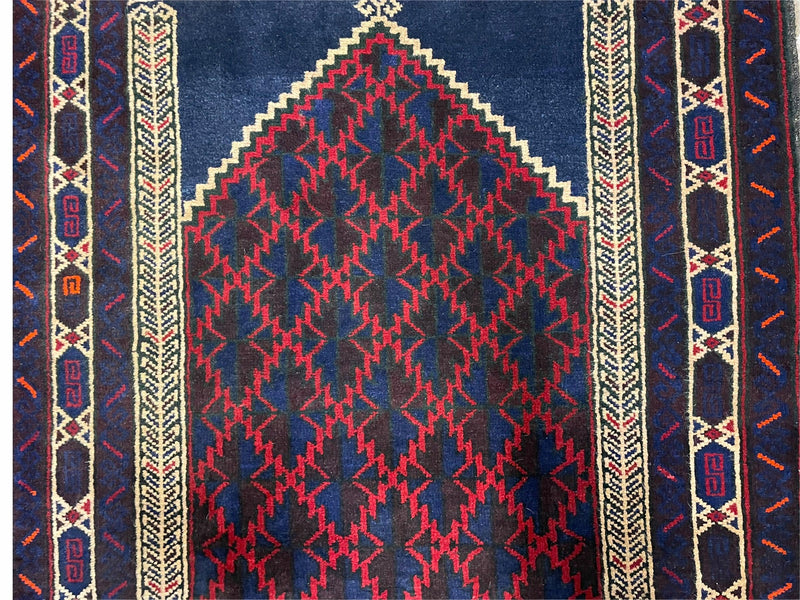 3x5 Vintage Handmade Tribal Wool Rug Balouchi Prayer Rug Afghan Rug Red Blue Wow