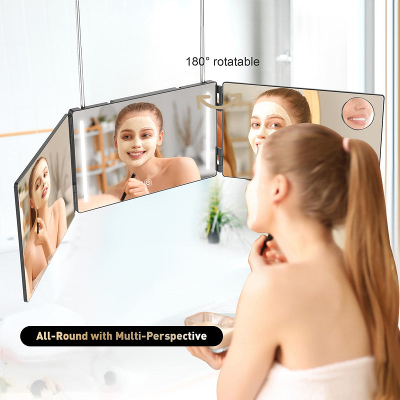 3 Way Mirror with LED Lights for Hair Cutting, 360 Degree Trifold Mirror with Height Adjustable Hooks