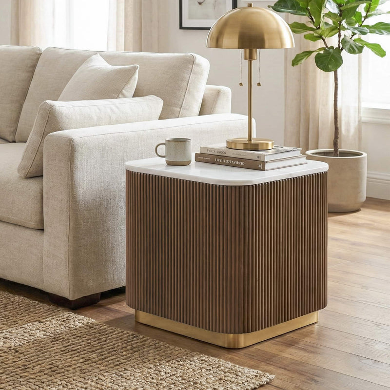 3 Piece Table Set, Square Cocktail Table & 2 Square End Tables - Brown / Gold / White, photo 2 of 7