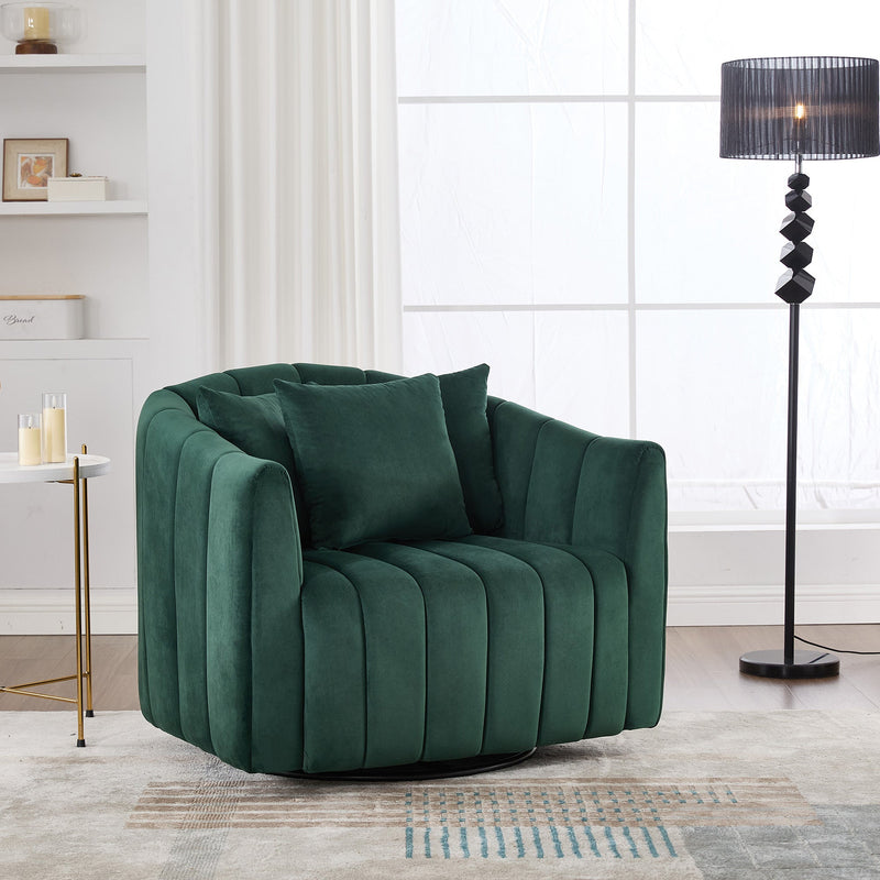 40.35'W Upholstered Oversized 360° Swivel Accent Barrel Chair and Half Cozy Sofa with 3 Pillows, Velvet Channel Tufted Pumpkin-Shape Club Armchair for Living Room, Bedroom, Office, Lounge, Green
