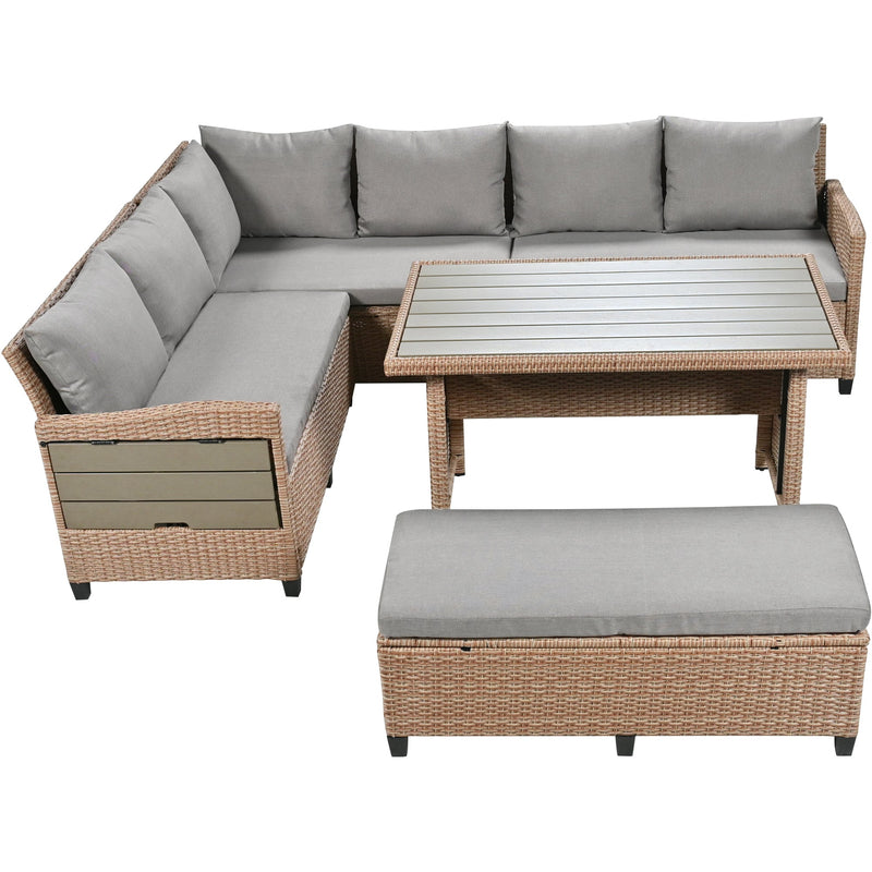 5-Piece Outdoor Patio Rattan Sofa Set, Sectional PE Wicker L-Shaped Garden Furniture Set with 2 Extendable Side Tables, Dining Table and Washable Covers for Backyard, Poolside, Indoor, Brown