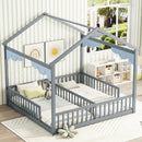 Double Twin House-Style Floor Bed with Fence, Guardrails, without door, Grey(Old Sku:W504P143316)