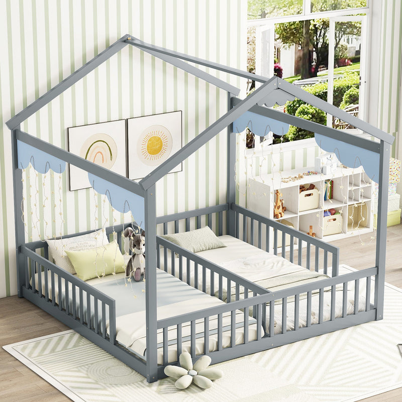 Double Twin House-Style Floor Bed with Fence, Guardrails, without door, Grey(Old Sku:W504P143316)