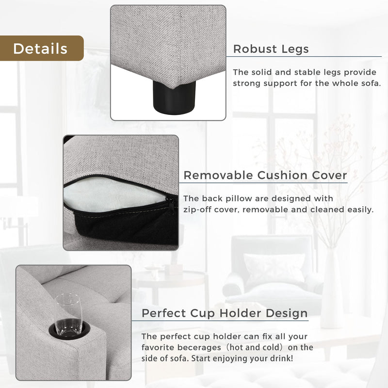 80.3" Pull Out Sofa Bed Modern Padded Upholstered Sofa Bed, Linen Fabric 3 Seater Couch with Storage Chaise and Cup Holder, Small Couch for Small Spaces