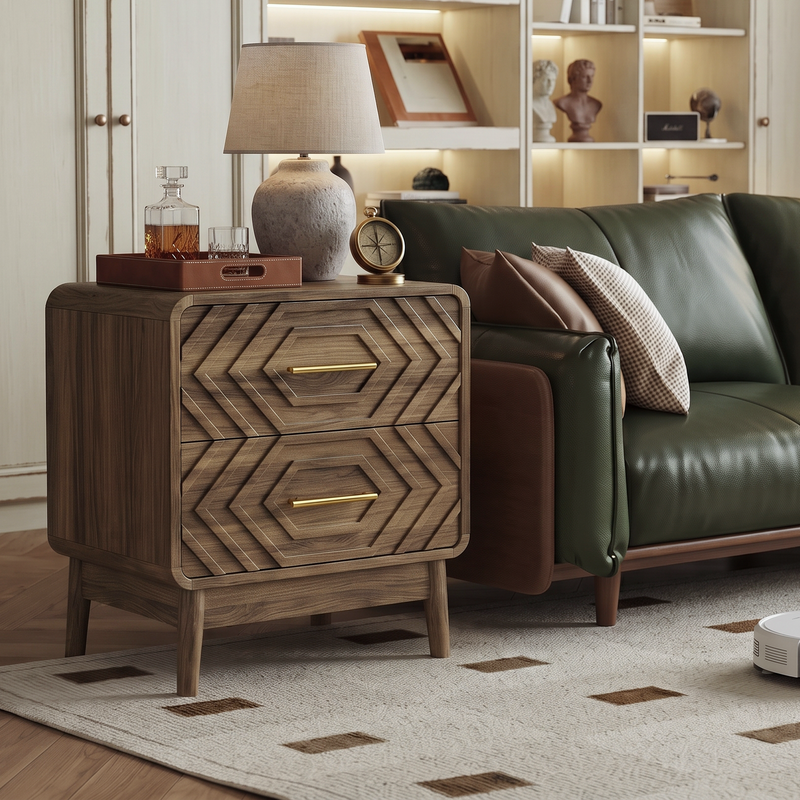 Walnut Wood Bedside Table with Double Drawers, photo 8 of 10