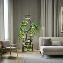 8 Tier Indoor Plant Stand With Grow Lights, S Shaped Metal Shelf For Multiple Plants - Black / Dark Walnut by HouseOfZazla