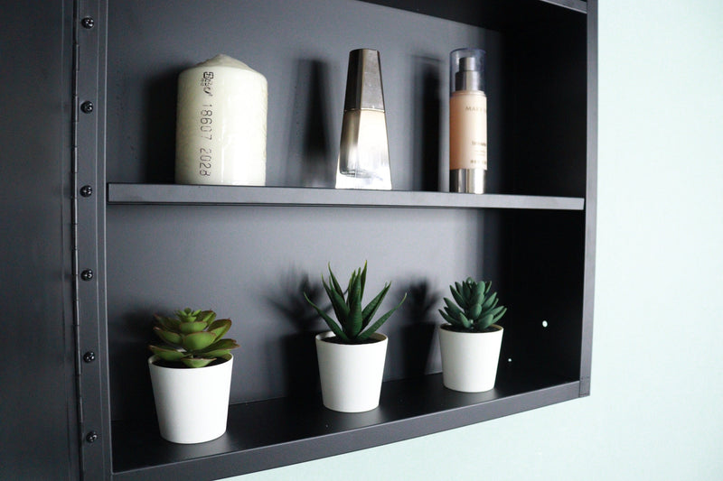 20x28 inch Black Metal Framed Wall mount or Recessed Bathroom Medicine Cabinet with Mirror