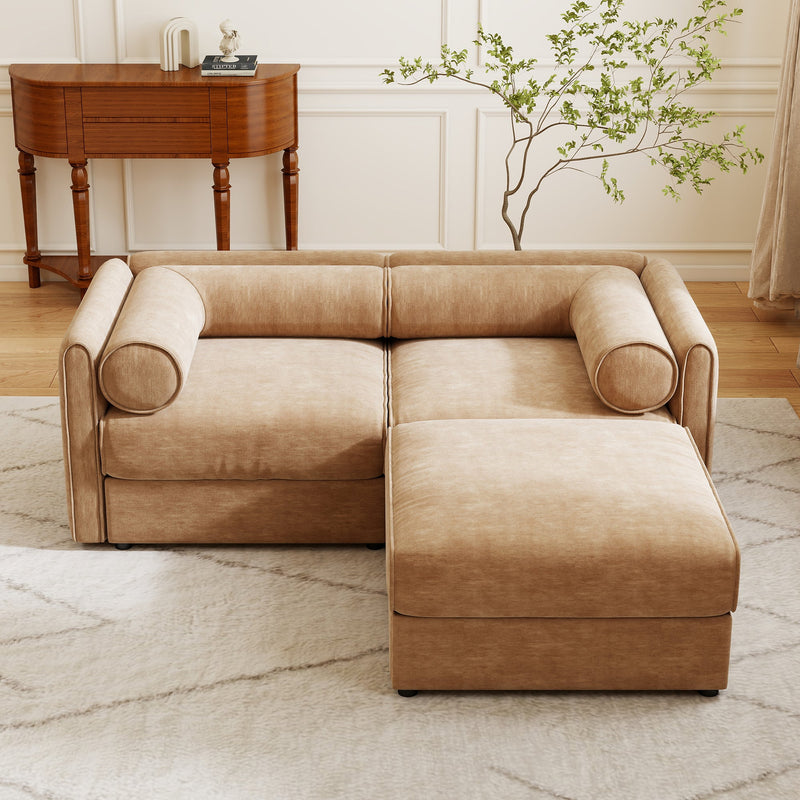 Modern Stylish Camel Chenille 2-Seater Sofa with Ottoman Storage and Cylindrical Backrest