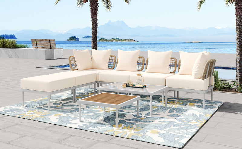 Walker Edison - 8-Piece Patio Sectional Sofa Set with Tempered Glass Coffee Table and Wooden Coffee Table for Outdoor Oasis, Garden, Patio and Poolside (Beige Cushion + White Steel)