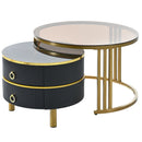 27.5" & 19.6" Stackable Coffee Table with 2 Drawers, Nesting Tables with Brown Tempered Glass and High Gloss Marble Tabletop, Set of 2, Round Center Table for Living Room, Black