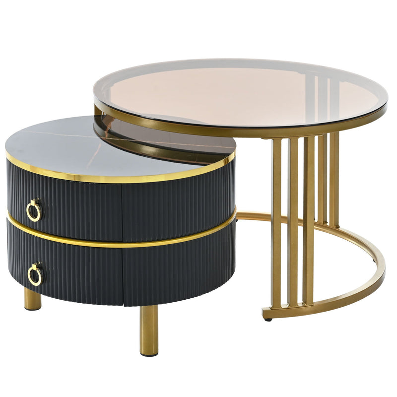 27.5" & 19.6" Stackable Coffee Table with 2 Drawers, Nesting Tables with Brown Tempered Glass and High Gloss Marble Tabletop, Set of 2, Round Center Table for Living Room, Black