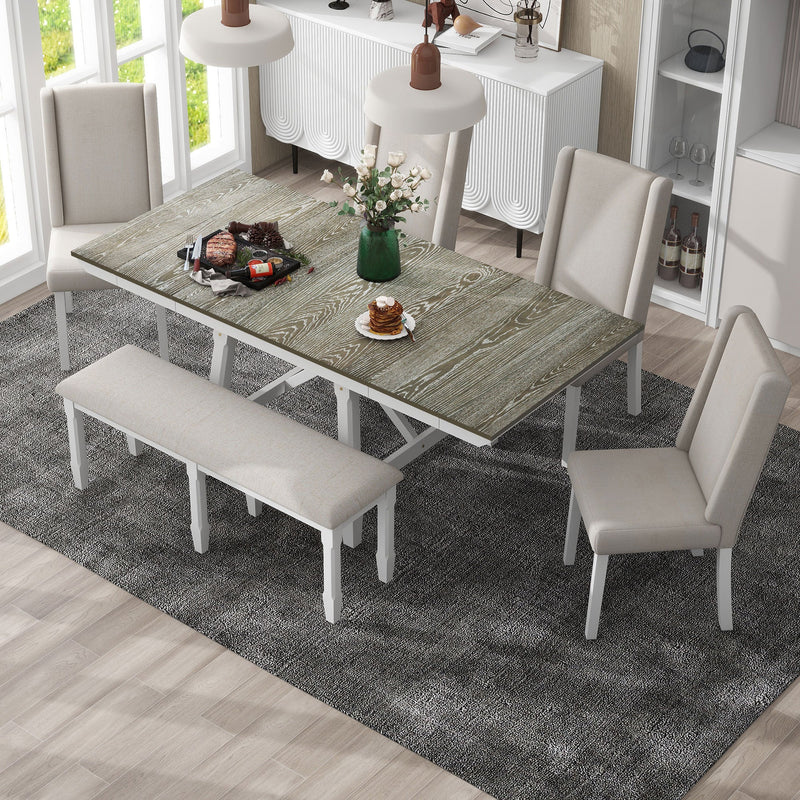 6-Piece Classic Dining Table Set, Rectangular Extendable Dining Table with two 12"W Removable Leaves and 4 Upholstered Chairs & 1 Bench for Dining Room (Brown+White)