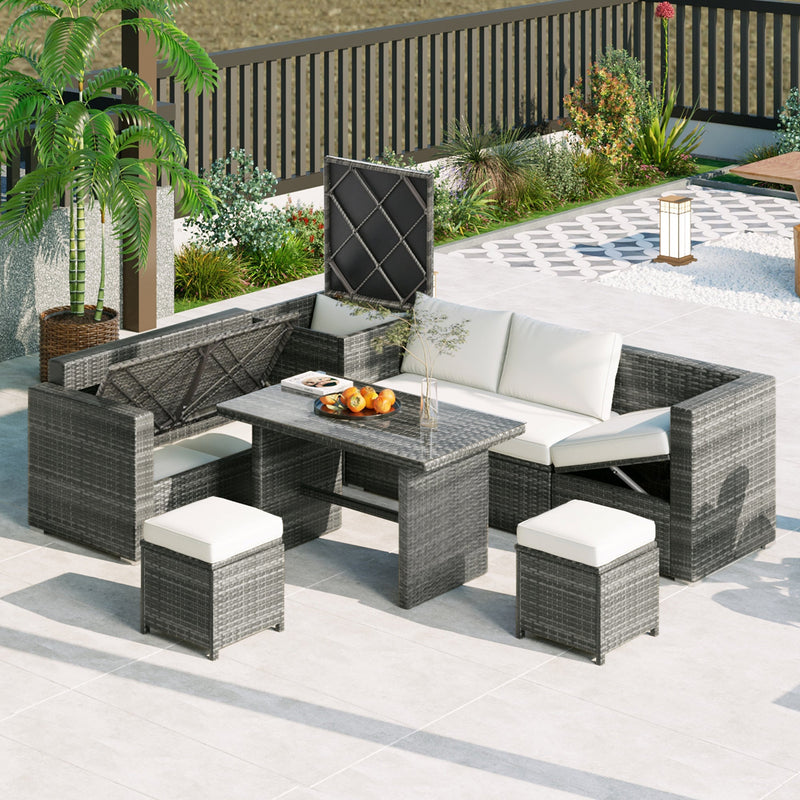 Walker Edison - Outdoor 6-Piece All Weather PE Rattan Sofa Set, Garden Patio Wicker Sectional Furniture Set with Adjustable Seat, Storage Box, Removable Covers and Tempered Glass Top Table, Beige