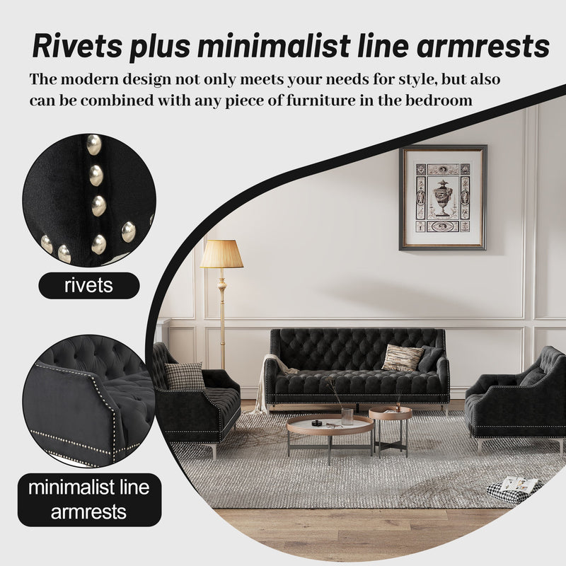 55.5" Modern Sofa Dutch Plush Upholstered Sofa with Metal Legs, Button Tufted Back Black