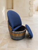 Whiskey & Wine Barrel Lounge Chair — Hidden Storage, Memory Foam, Blue Denim Upholstery (Limited)