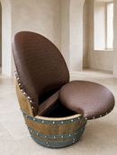 Whiskey & Wine Barrel Lounge Chair — Hidden Storage, Memory Foam, Checkered Brown Upholstery (Limited)