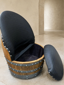 Whiskey & Wine Barrel Lounge Chair — Hidden Storage, Memory Foam, Checkered Gray Upholstery (Limited)
