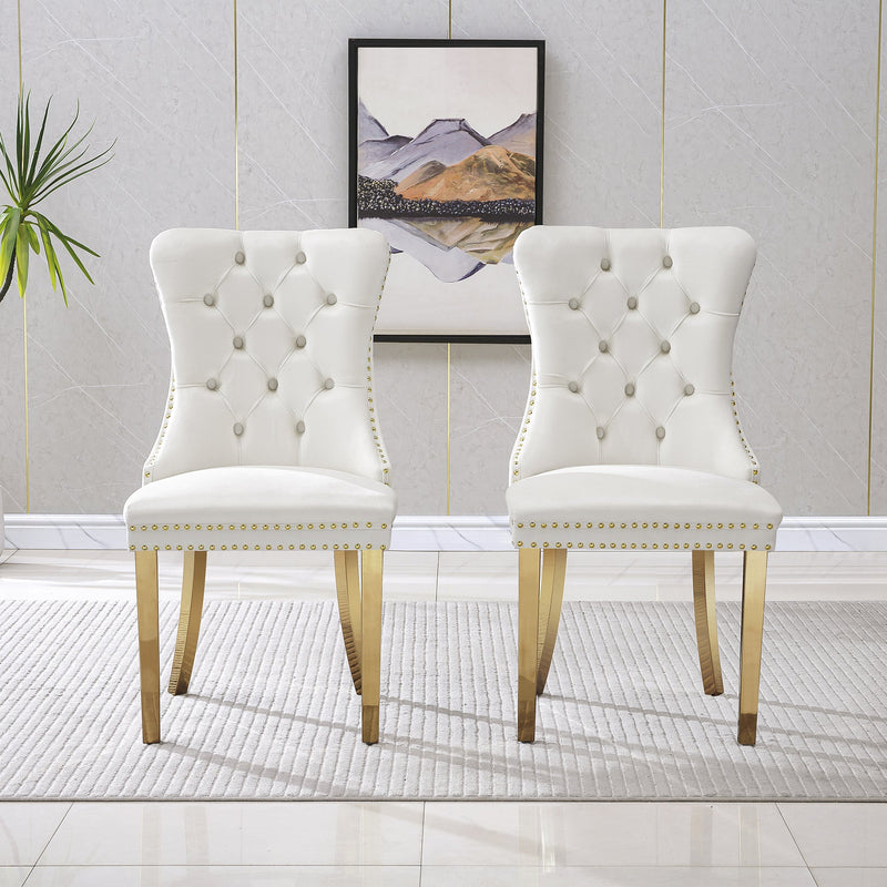 Elegant White Velvet Dining Chairs with Gold Mirrored Finish Legs - Set of 2, 19.7'L x 24'D x 36.2'H, Luxurious Dining Room Charm
